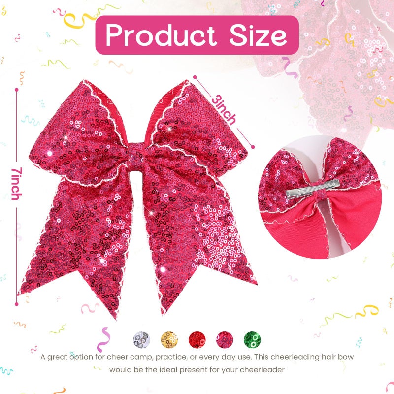 CN 7" Glitter Large Cheer Hair Bow Clips for Girls Cheerleader Pink Sequin Jumbo Cheer Hair Bows Handmade for Cheerleading Teens Girls Kids Sports Softball Cheerleader Outfit - Image 3